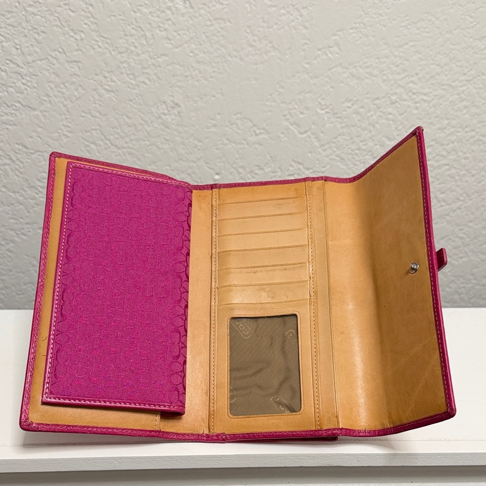 Coach Signature Canvas Leather Fuchsia Trifold Wallet with Checkbook - Picture 9 of 13